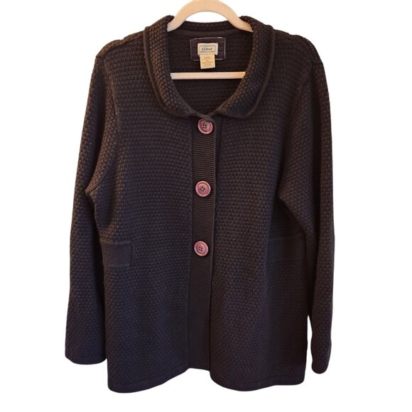 LL Bean Sweater Black XL Chunky Cardigan Womens Angora Cotton Blend Buttons - Picture 1 of 9